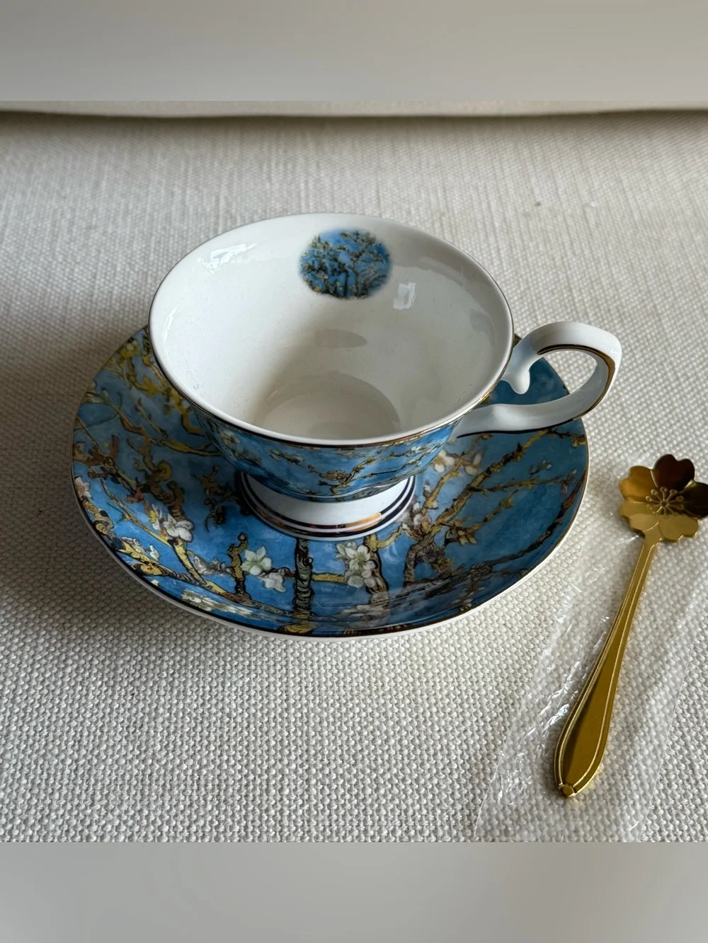 Van Gogh Almond Blossom Inspired Teacup with Saucer and Spoon Gift Set